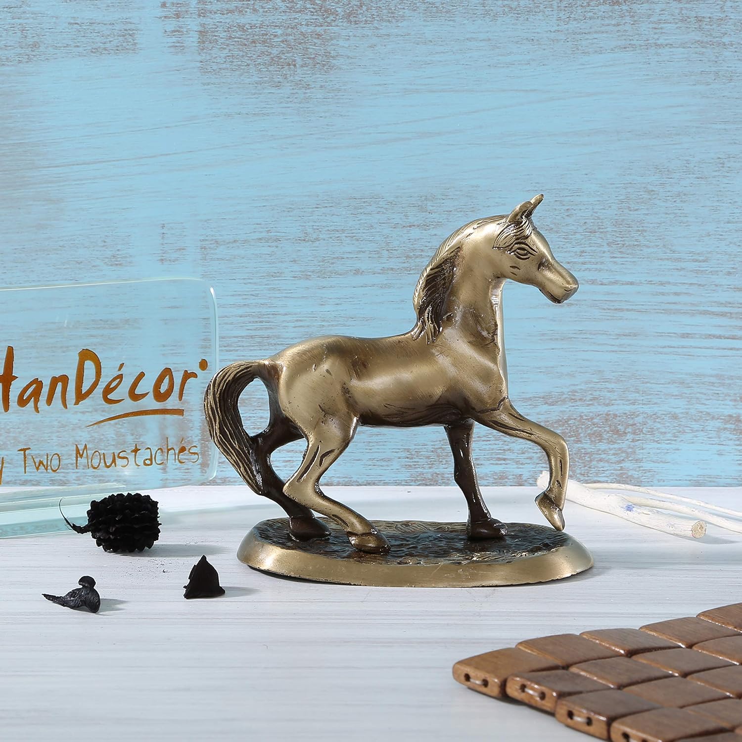 Brass Horse On Plate Decor Showpiece